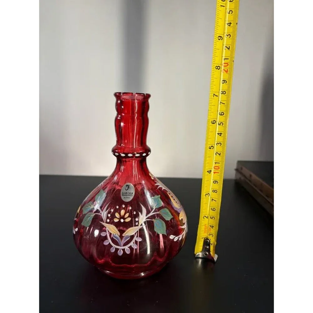 Fenton Cranberry Glass Vase Hand Painted Signed Limited Edition 786 of 1000